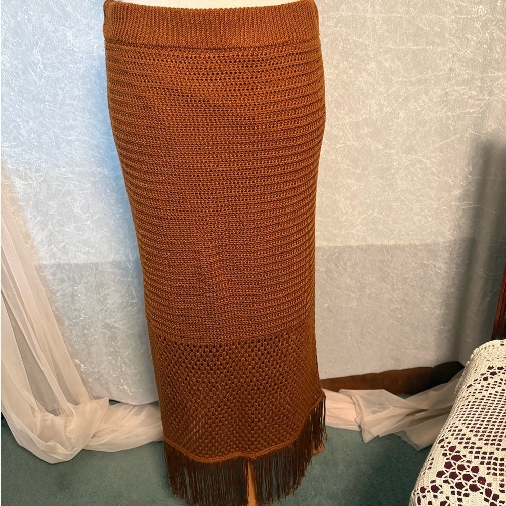 House of Harlow Fringe Camel Knit Top Skirt Size L